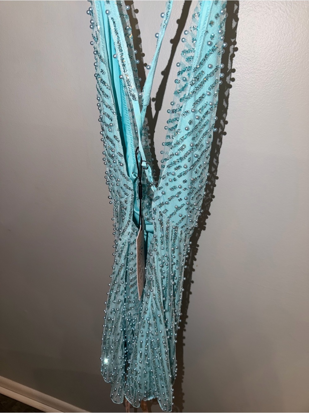Oh Polly Aqua Blue Beaded Cowl Mini Dress - Picture 5 of 6